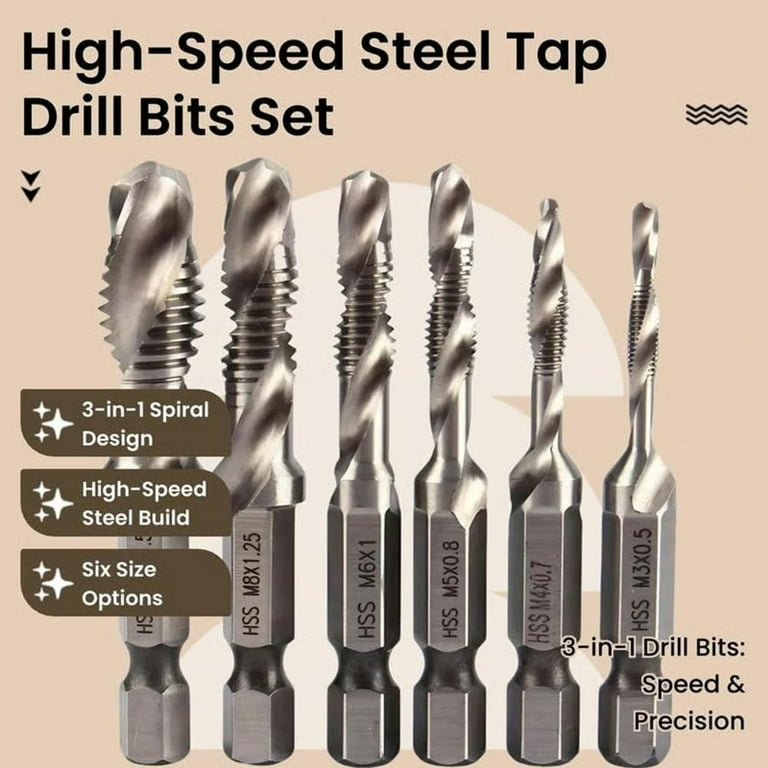 3 in 1 Spiral Tap Hex Shank Drill Bit Set, Metric SAE Combination Threading Tools Kit, Hss Screw Tap Die Adapter for Metal, Quick Change Impact Driver Socket, Professional Repair（gold,short）