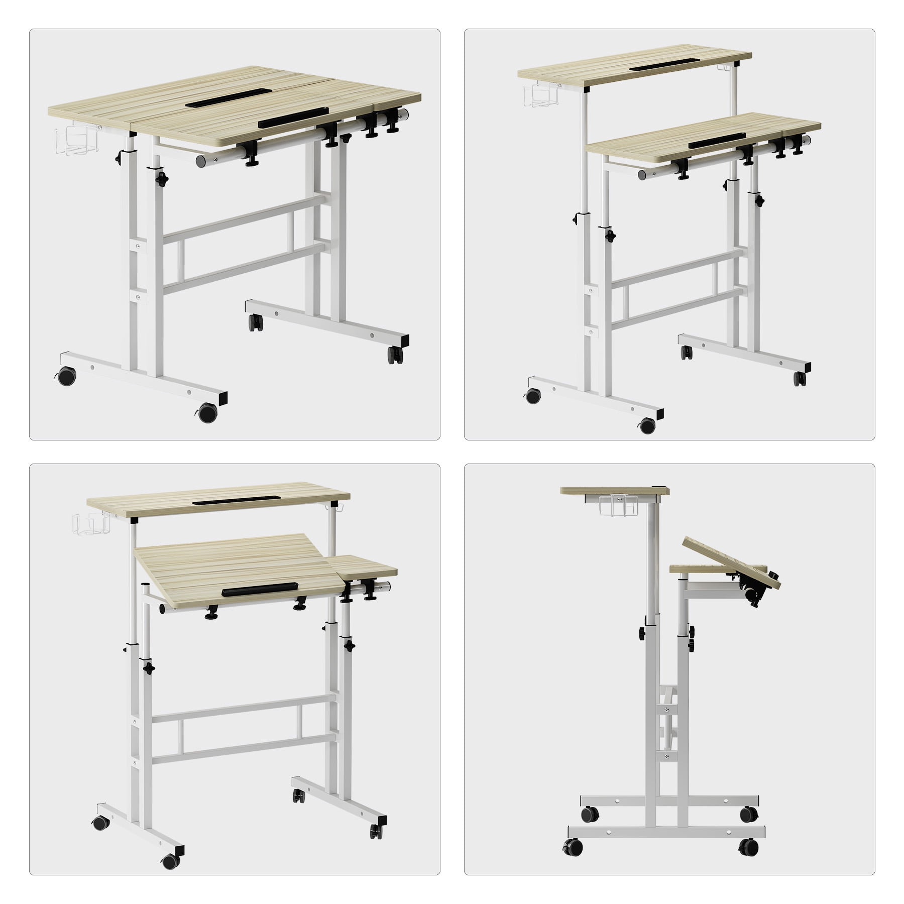 Soges Mobile Standing Desk with Cup Holder and Hooks, Portable Stand Up Desk, Adjustable Height Small Standing Desk, Rolling Desk with Wheels, Home Office Laptop Cart, Maple