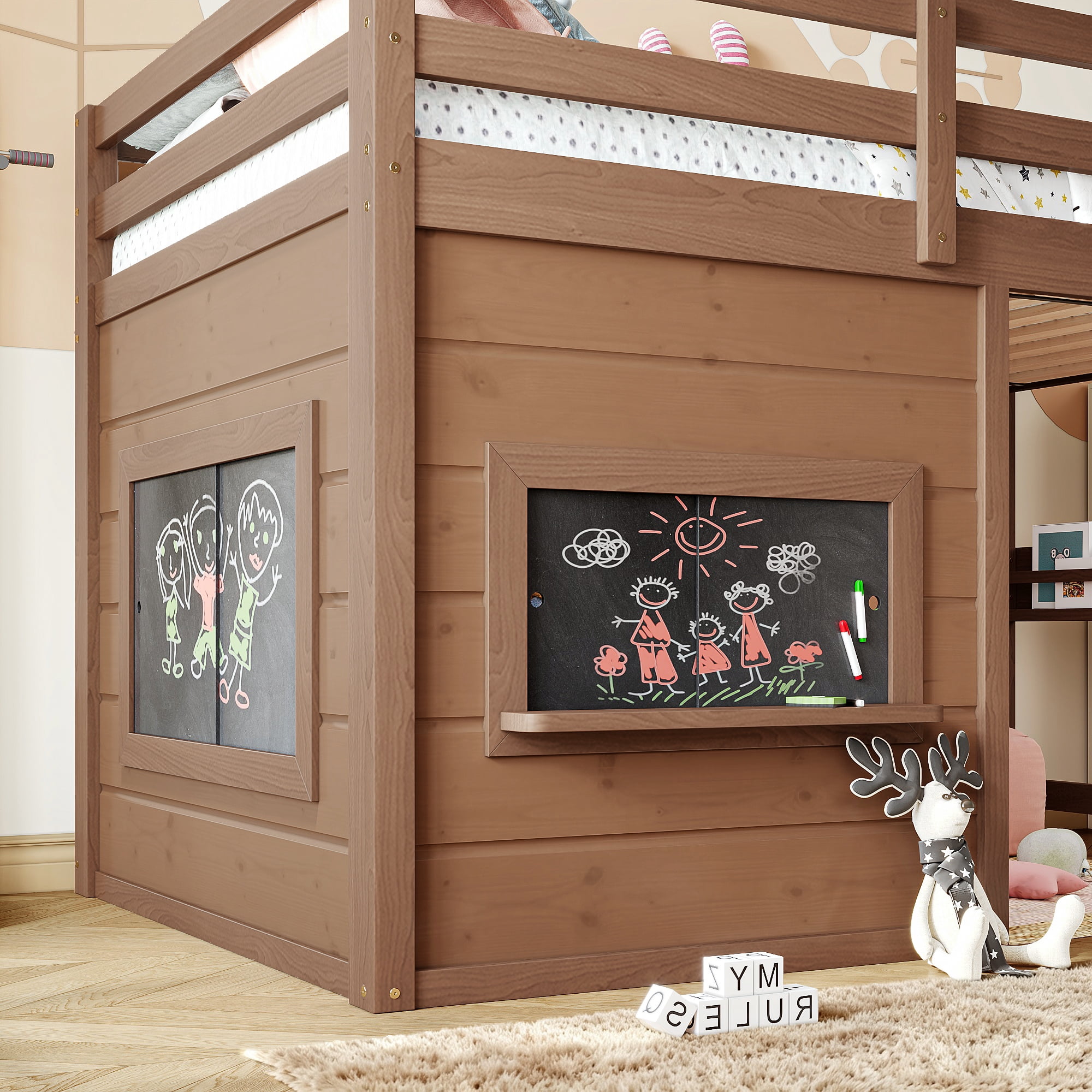 Leumius Twin Size Loft Bed with Storage Shelves,Solid Wood Low Loft Bed Frame with Chalkboard and Bookshelf,Space Saving,Natural