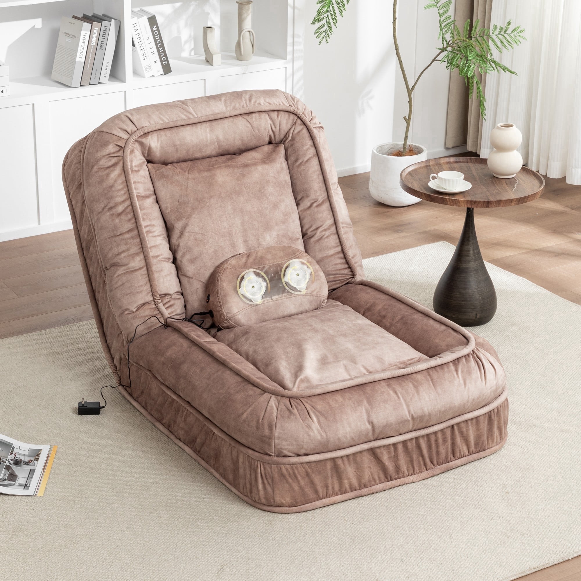 LEHZROAJ Velvet Upholstered Bean Bag Chairs,5-Position Adjustable 2 Soft Pillows Massage Floor Sofa,Multi-Functional  Human Dog Bed for Living Room(Brown)