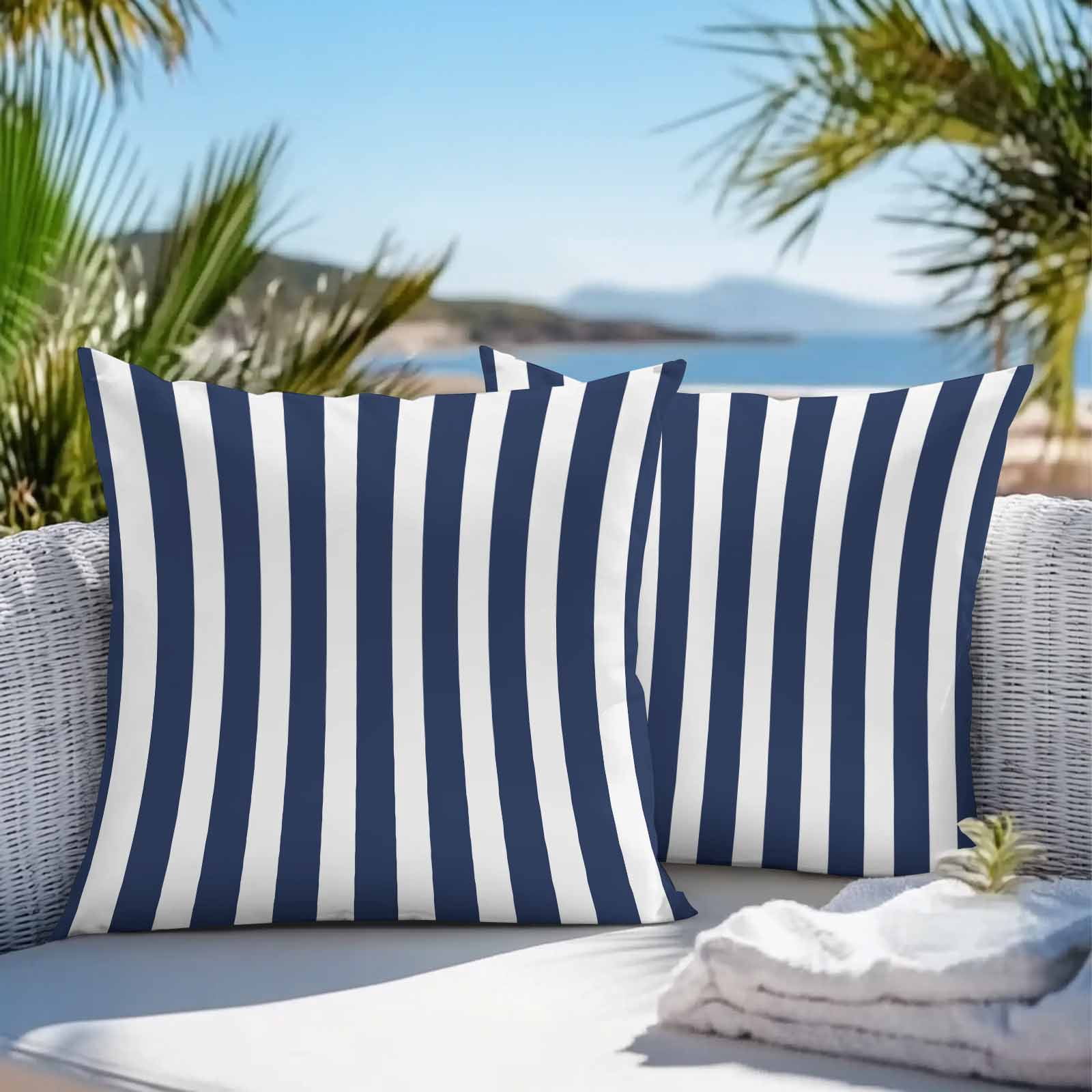 Throw Pillow Covers 24x24 Inch Set of 2, Navy Blue Striped Waterproof Outdoor Pillow Covers, Modern Farmhouse Blue White Stripes Decorative Cushion Pillowcases for Couch, Sofa, Bed, Garden, Patio