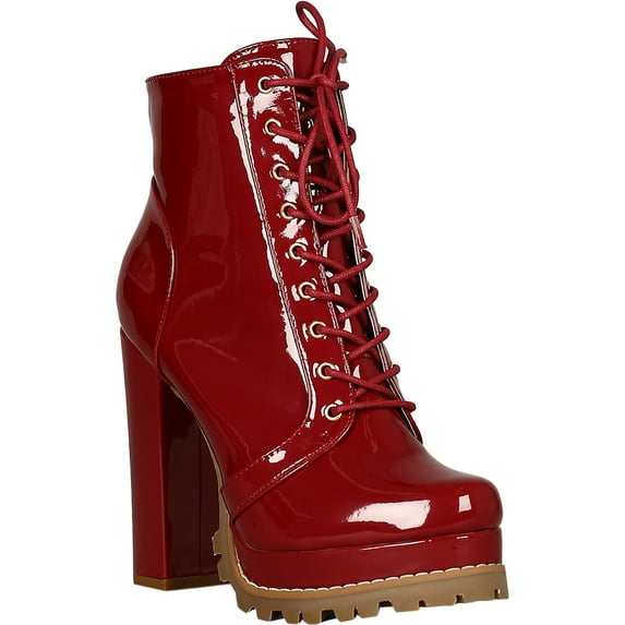 Women Patent Lug Sole Lace Up Chunky Heeled Platform Ankle Boots 18356