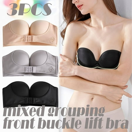 BYHONG Womens 3PCS Solid Color Strapless Non Adjustment Rimless Dress Bra Black+Gray+Beige Bra for Women Multicolor 85E