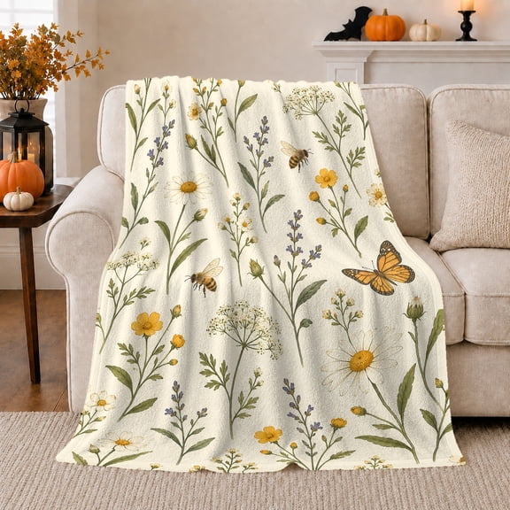 Wildflower Meadow Butterflies Bees Cream, Cozy Botanical Garden Scene, Warm Flannel Blanket for Sunroom and Reading Nook, Garden Lovers Thanksgiving Gift, Botanical Home Decor