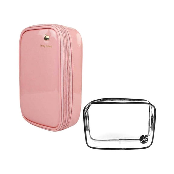 JAVOedge (2 PCS SET) Pink Bold Colored Double Zipper Cosmetic Travel Bag with Handle   Clear PVC Cosmetic / Toiletry Bag