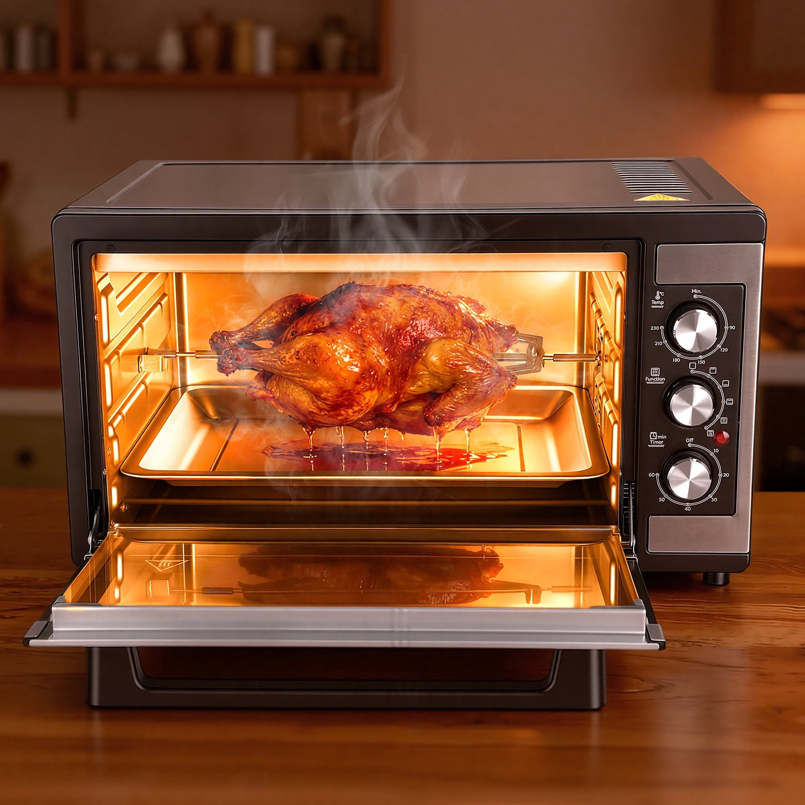 Large 46L Convection Toaster Oven, 9-in-1 Kitchen Countertop Oven with Crispy Roast, Dehydrate, Rotisserie, Includes 6 Accessories, 1500W, Black, Stainless Steel