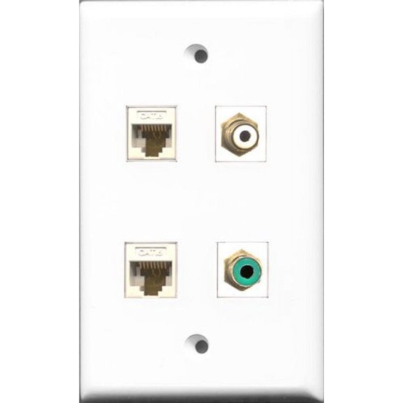 RiteAV 1 Port RCA White and 1 Port RCA Green 2 Port Cat6 Ethernet White Wall Plate