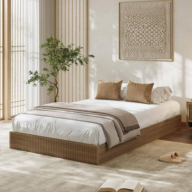 Twin XL Bed Frame, Wood Platform Bed with Fluted Design, Low Profile BedFrame, Minimalist Bed Base with Noise-Free, Easy Assembly, No Box Spring Needed, Walnut