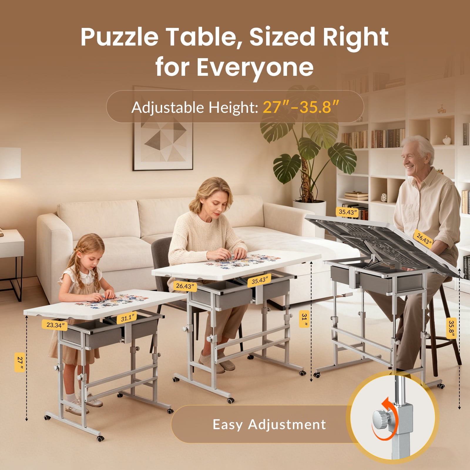 1500 Piece Light-Weight Adjustable Tilting Plastic Jigsaw Puzzle Table for Adults, 35"x26" Multi-Functional Puzzle Board with 4 Drawers & Protective Cover, 45-Degree Any-Angle Tilt