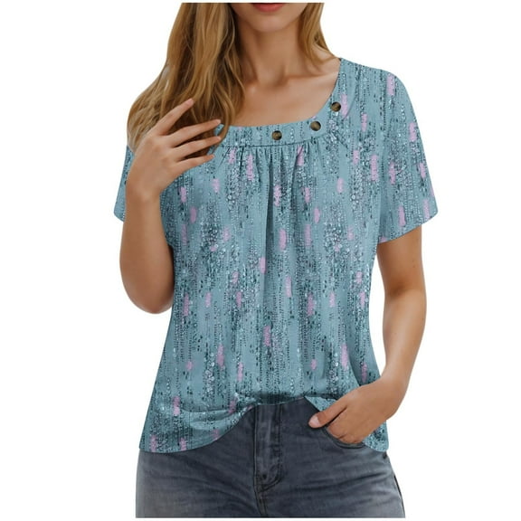 Uaswgudfs Women's Dressy Boat Neck Tunic Top - Summer Floral Boho Loose Fit Pleated Casual Short Sleeve Blouse