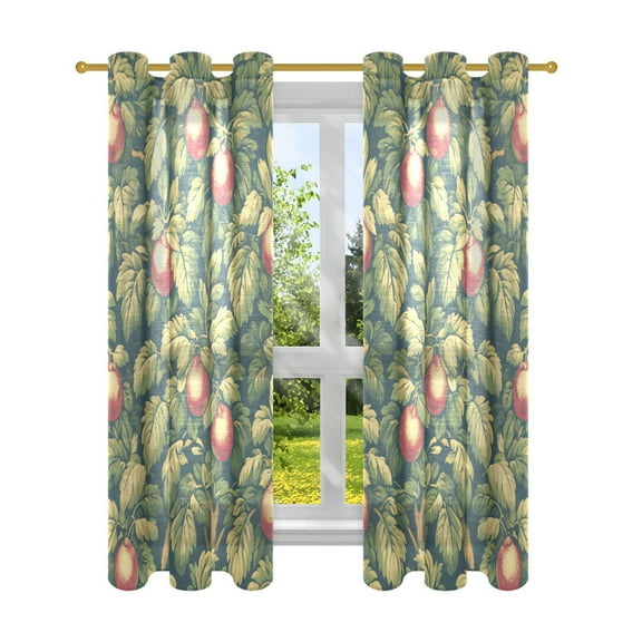 Green Pomegranate Tree Semi Sheer Curtains for Living Room Bedroom Set of 2 Insulated Window Drapes