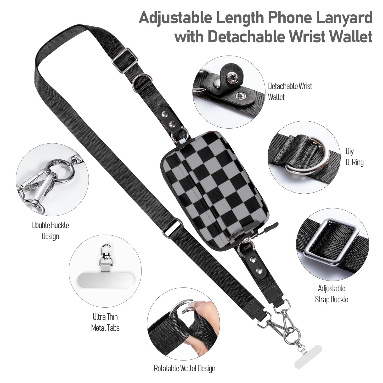 Cysiyu Clip and Go Strap for Phone with Wallet Crossbody Phone Lanyard and Detachable Checkered Bag with ID Window and RFID Pouch for Daily Travel.