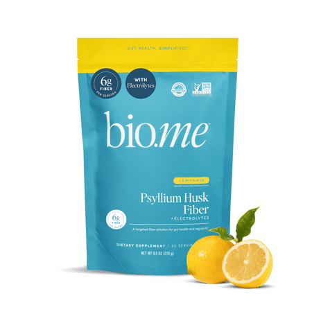 Bio.me Psyllium Husk Powder Fiber Supplement with Electrolytes for Regularity & Bloating Support, Lemonade – 30 Servings
