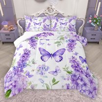 Homewish Kawaii Butterfly Lavender Queen Comforter Set,Modern Painting Artistic Bedding Sets,White Purple Bedding Comforter Set For Girls Kids,Luxury Bedroom Decor,3 Pieces