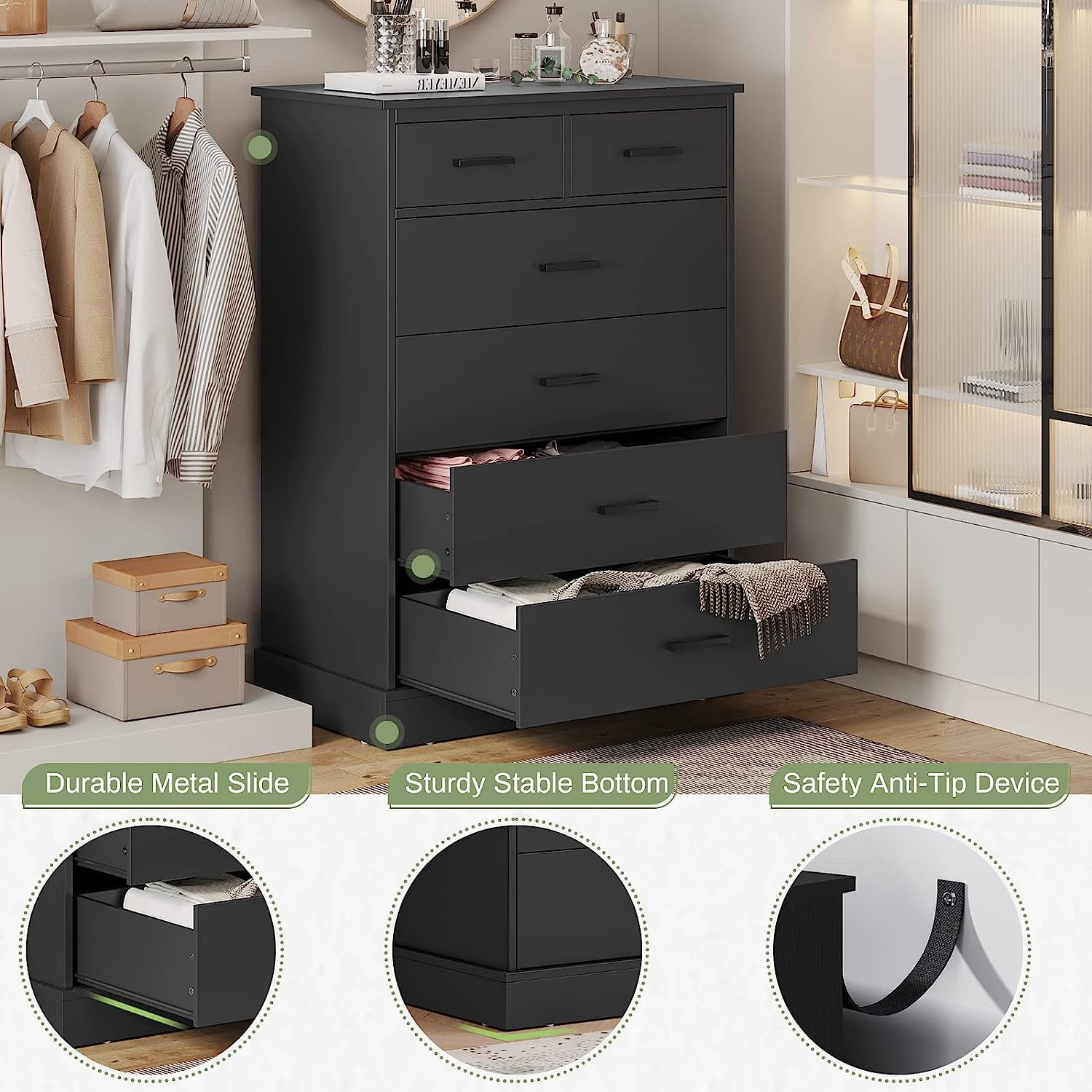 Aunfebrco 6 Drawer Dresser for Bedroom Tall Dresser & Chest of 6 Drawers with Metal Handles, Wood Storage Cabinet Clothes Organizer for Living Room, Black