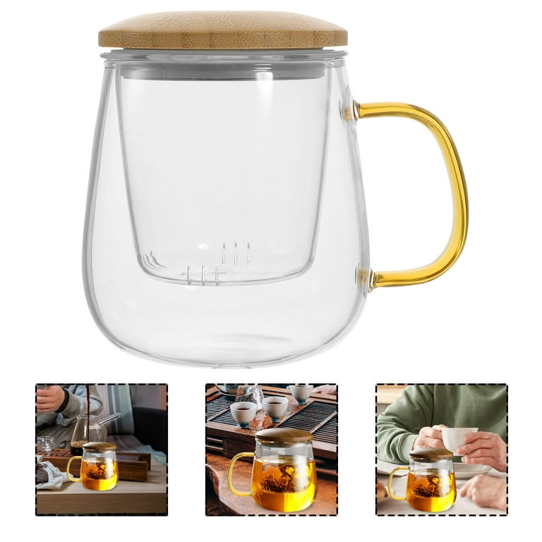 480ml Heat Resistant Thick Glass Glass Coffee Cup Milk Mug Transparent  Round Kungfu Tea Cup with Bamboo Cover and Spoon
