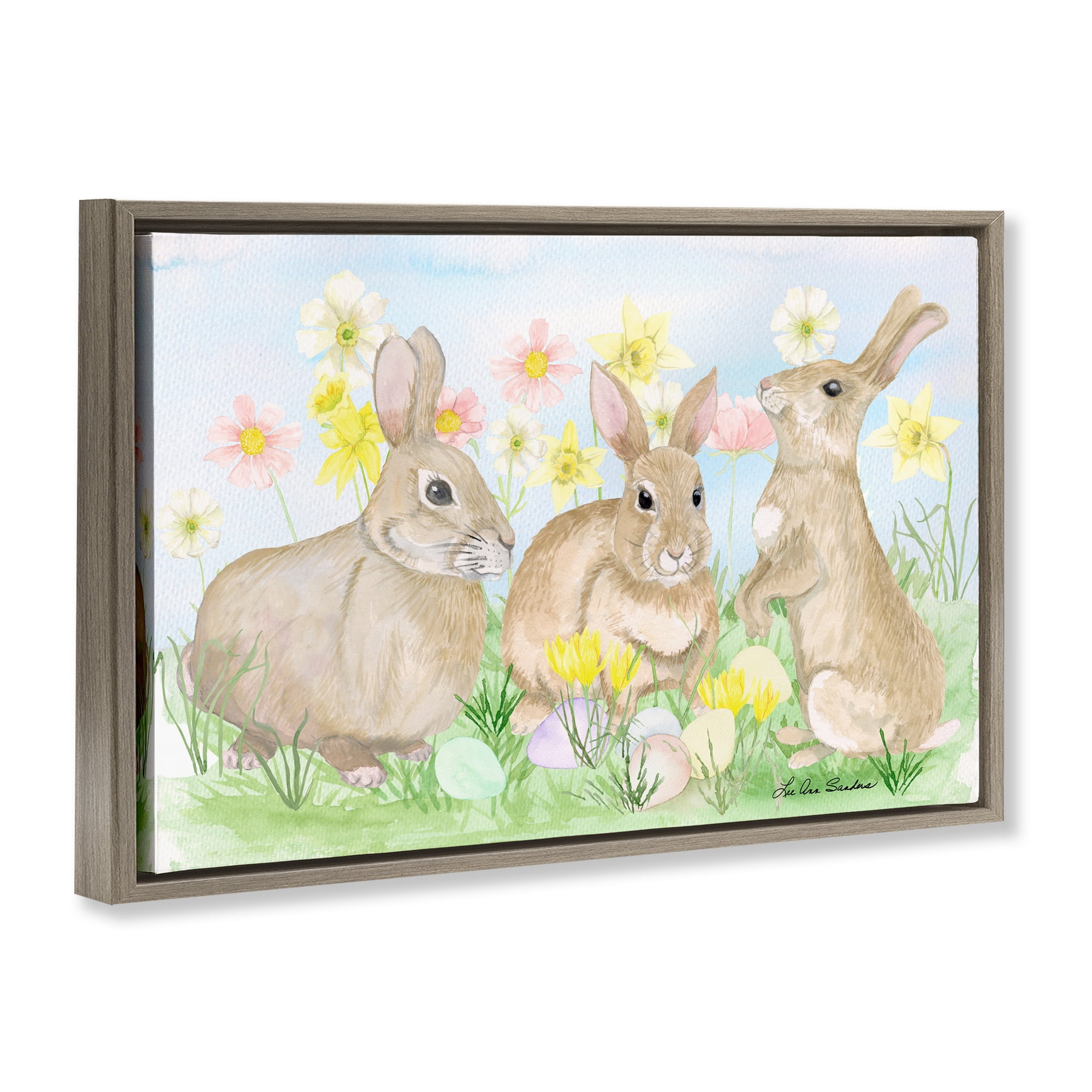 Three Bunnies In The Grass Brown Framed Floater Canvas Wall Art, design by Lee Ann Sanders