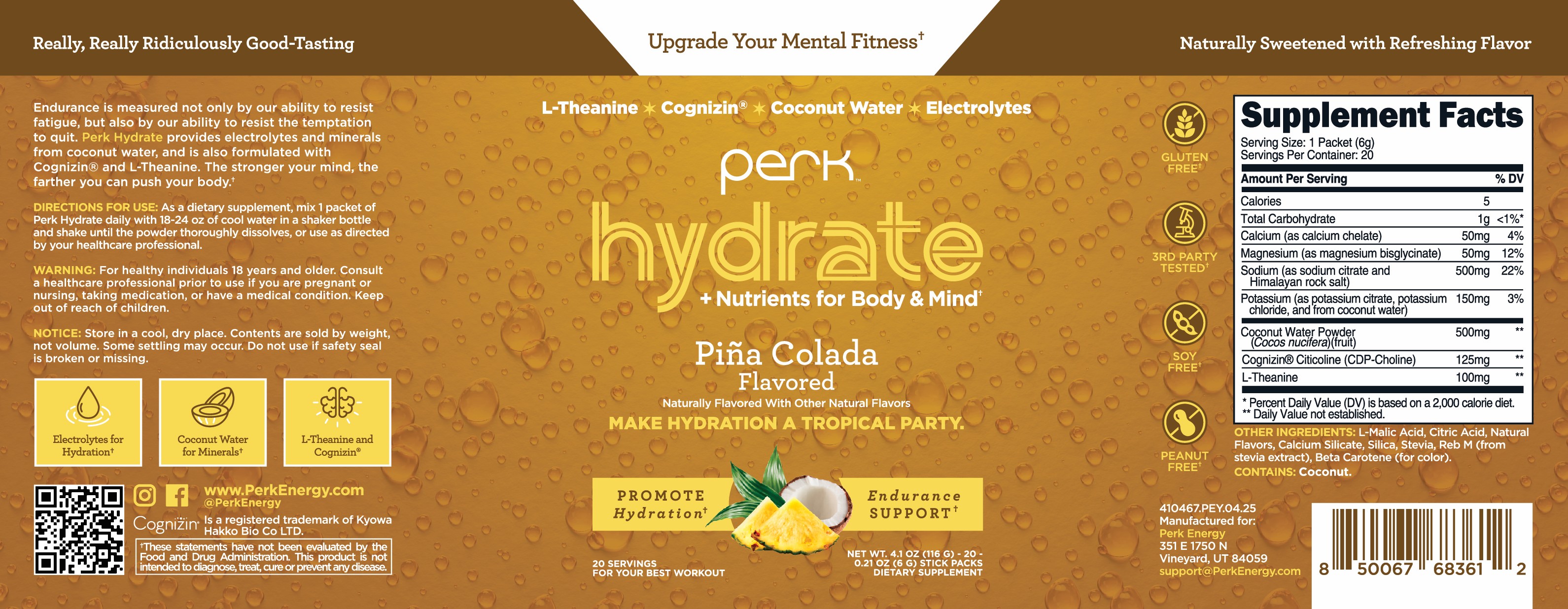 Perk Hydrate Electrolyte Stickpacks (Pina Colada) 20 Packets - Coconut Water, CDP-Choline, L-Theanine, Gluten-Free, Keto Friendly, Vegan