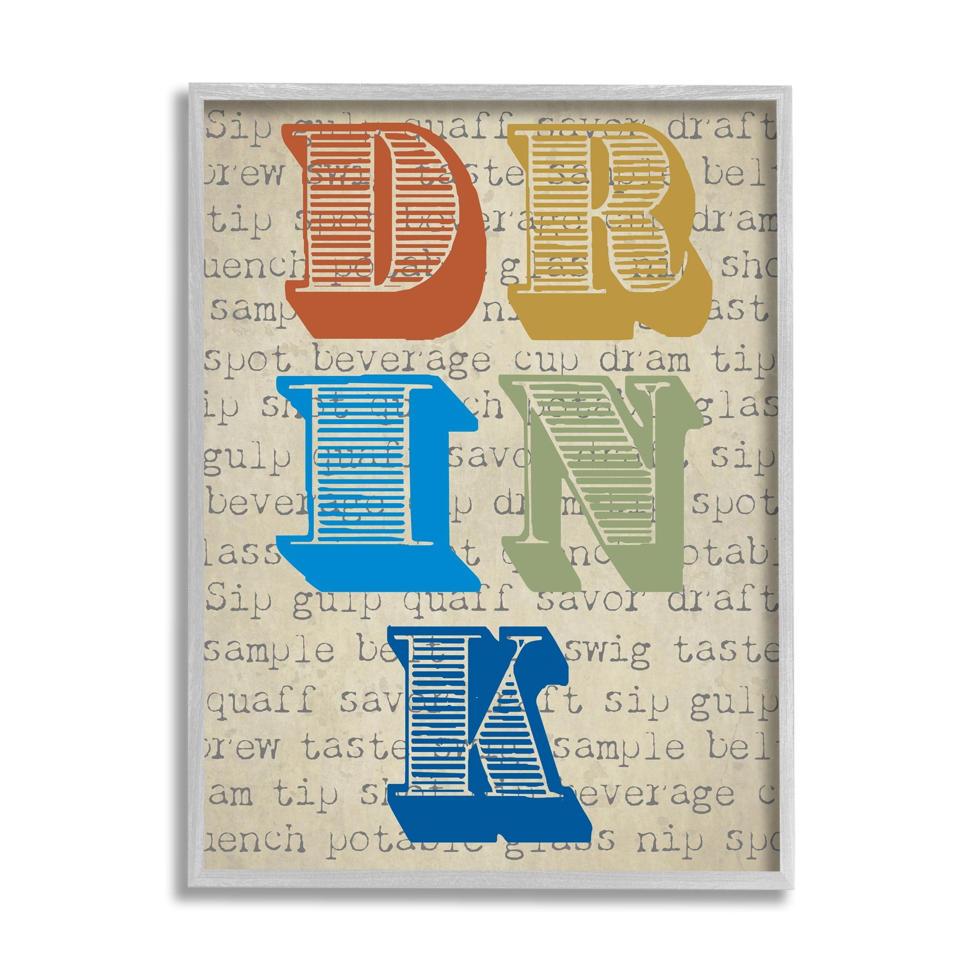 Stupell Industries Drink Antique Stamp Style Typography Kitchen Words Graphic Art Gray Framed Art Print Wall Art, Design by Graffitee Studios