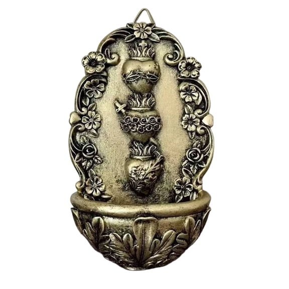 KOMI Holy Water Font for Home, Wall Hanging, Catholic Decor, Bronze-tone Resin, Sacred Heart of Jesus