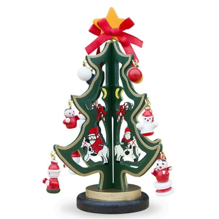 - Wooden Tabletop Christmas Tree with Santa, Snowman Miniature Wooden Ornaments 6.5 Inches