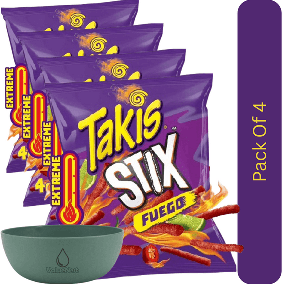 Takis Fuego Stix Crunchy Corn Snack Sticks, Chili Pepper & Lime Flavor, 4 oz Snack Size Bag With Olive Green Bowl By ValueNest