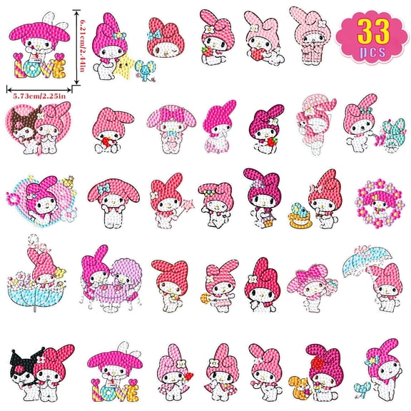 33Pcs My Melody Diamond Art Painting Sticker Kits for Kids-Cartoon Diamond Gem Stickers Kit,5D Gem Art Stickers Mosaic