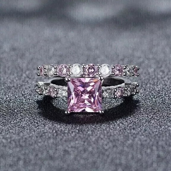 beryl_creation 2.50 Ct Princess Cut Pink Sapphire & Diamond Wedding Engagement Bridal Ring Set 14K White Gold Plated 925 Sterling Silver For Women's -4.5