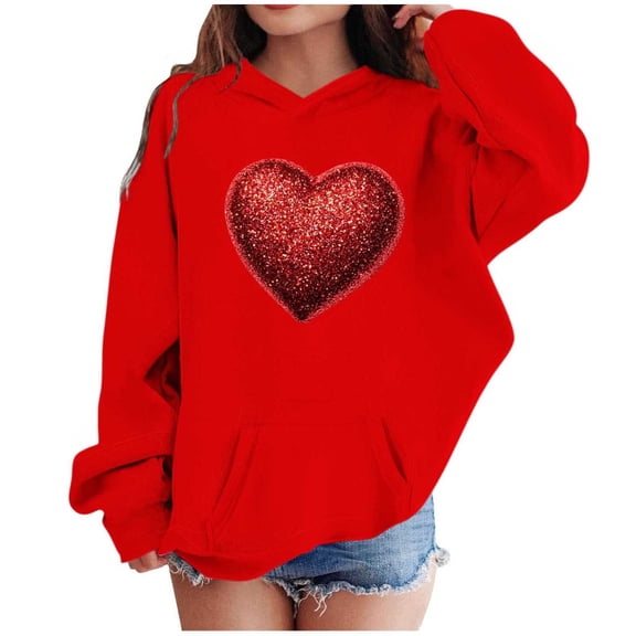 Lorytime Kids Long Sleeve Hoodies for Teen Girls Valentine Crewneck Sweatshirts Heart Tops with Pocket Loose Tops