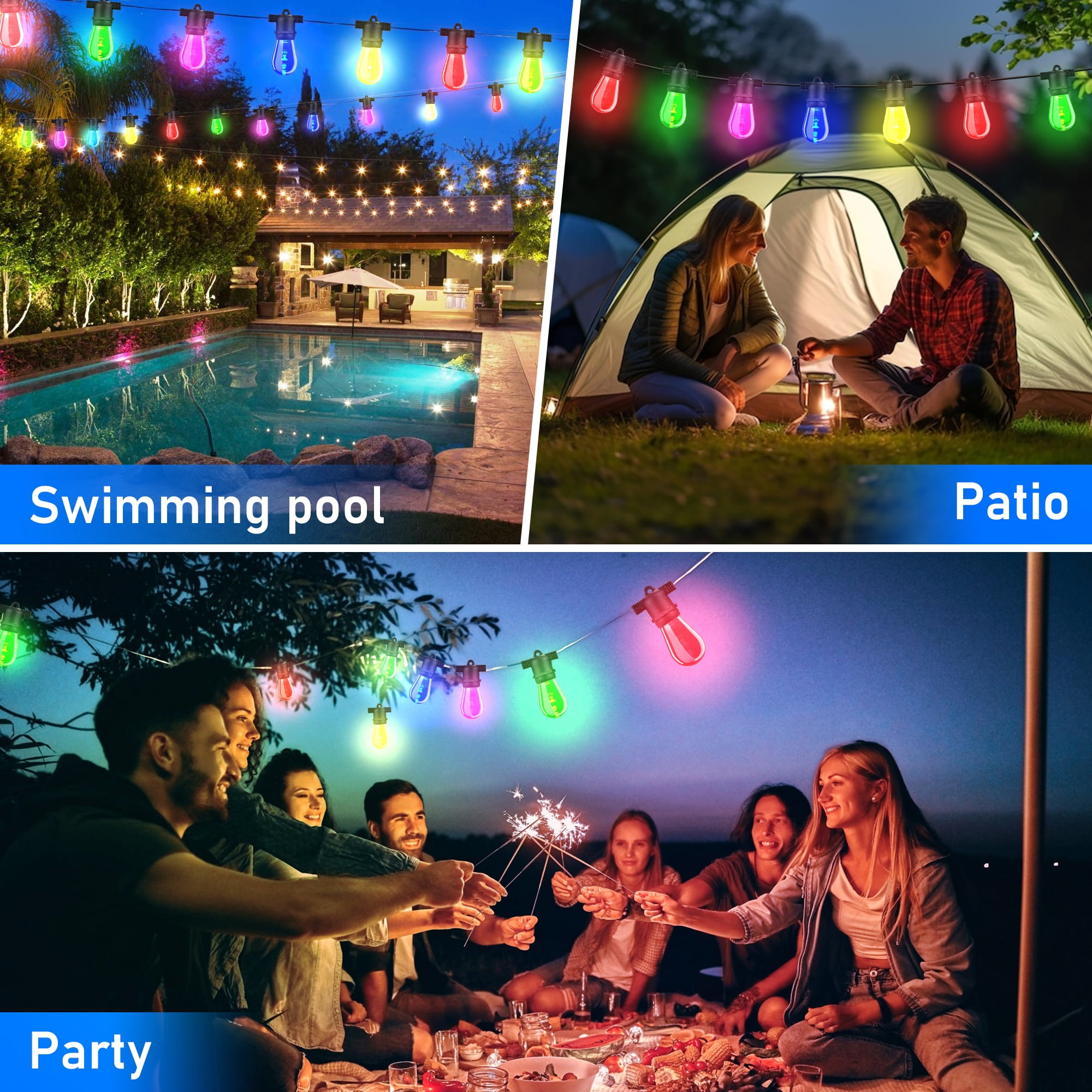 DAYBETTER Outdoor String Lights, 48FT Smart RGBIC Patio Lights, 15 Shatterproof Bulbs, Remote & App Control, for Garden Christmas Decor