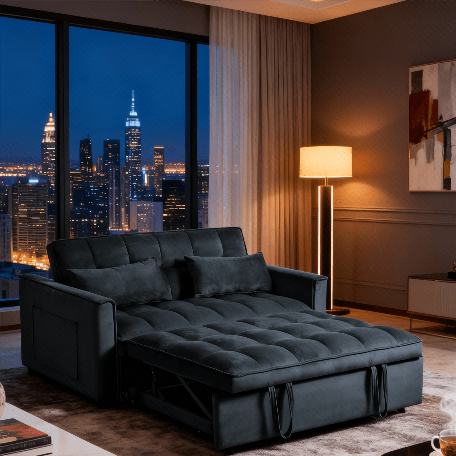 Gewnee Futon Sofa Bed - 52.75" Convertible Sleeper, 3-Mode Adjustable Back, Velvet Upholstery & Side Pockets - Small Space Use (Black)