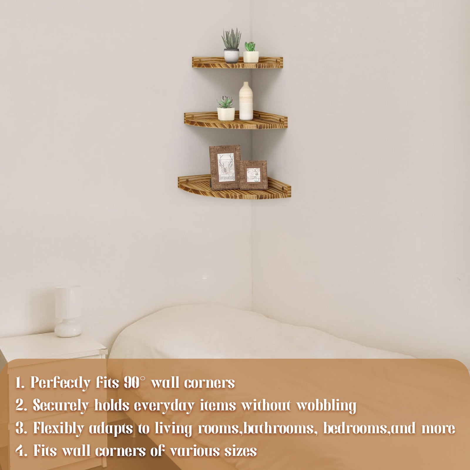 VEGCOO Rustic 3-Piece Solid Wood Wall Shelves Set - Triangular Corner Floating Shelves, Pine Wood Wall Fan Shaped Mounted Display Shelves, Easy Install for Bathroom, Kitchen, Living Room Decor