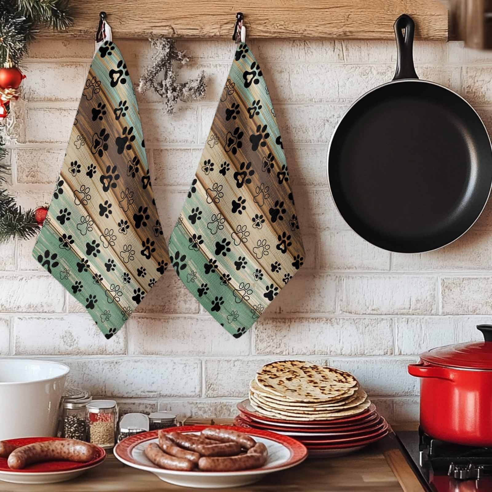Teal Brown Kitchen Towels Set of 2, Pet Paw Printed Farmhouse Dog Claws Wood Grain Absorbent Dish Towels for Kitchen, Microfiber Hand Towel, Quick Drying Tea Towel for Cleaning Decorative Dishcloths