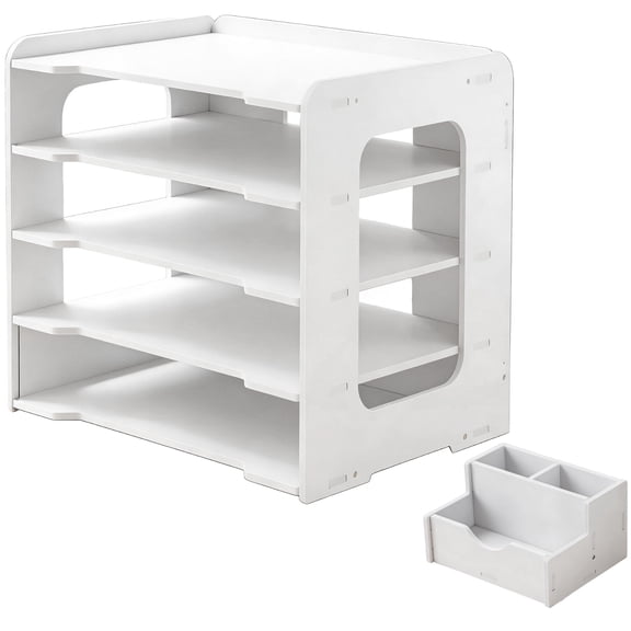 5-Tier Paper Tray Desk Organiser Set, Includes File Organiser with Storage Box, 13.4x10x10.4 in, White, Letter Tray File Holder for A4 Paper, Office, Home