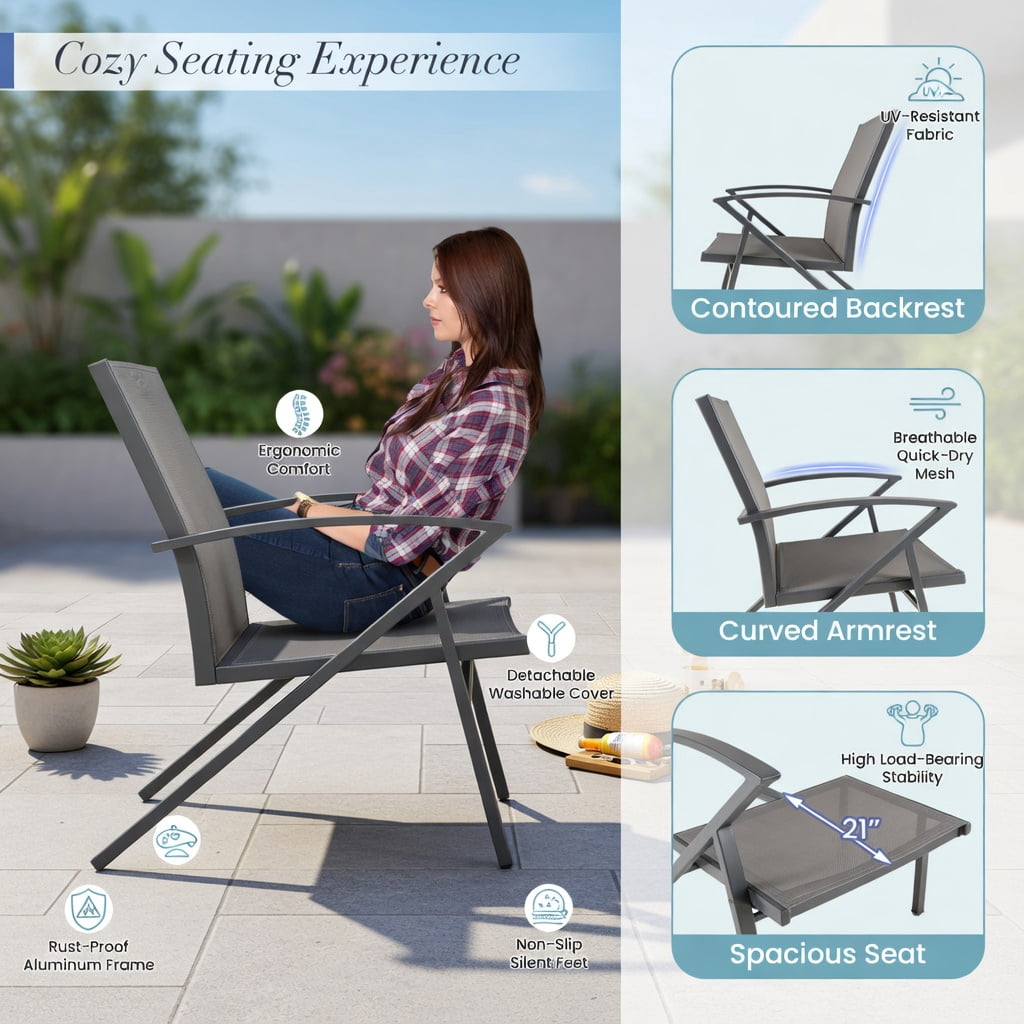 Hommoo 2-Pack Heavy-Duty Outdoor Patio Chairs, Metal Frame Lawn Chairs with Breathable Fabric, Adjustable Feet for Uneven Ground, Gray