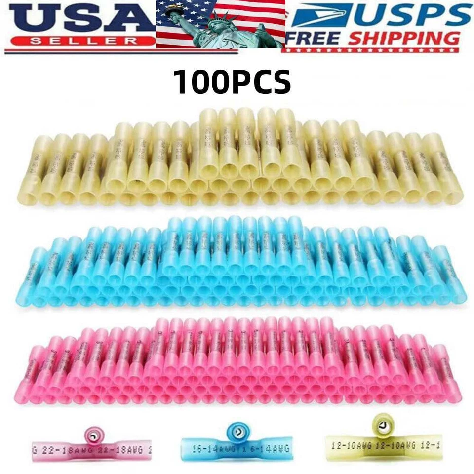 100Pcs Heat Shrink Butt Wire Splice Seal Connectors Crimp Terminals 22-10Awg