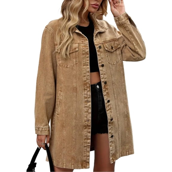 SuTry Women's Longline Denim Jacket Oversized Collared Button Down Chest Flap Pockets Side Slit Long Sleeve Relaxed Fit Casual Daily Wear Spring Outings Outerwear