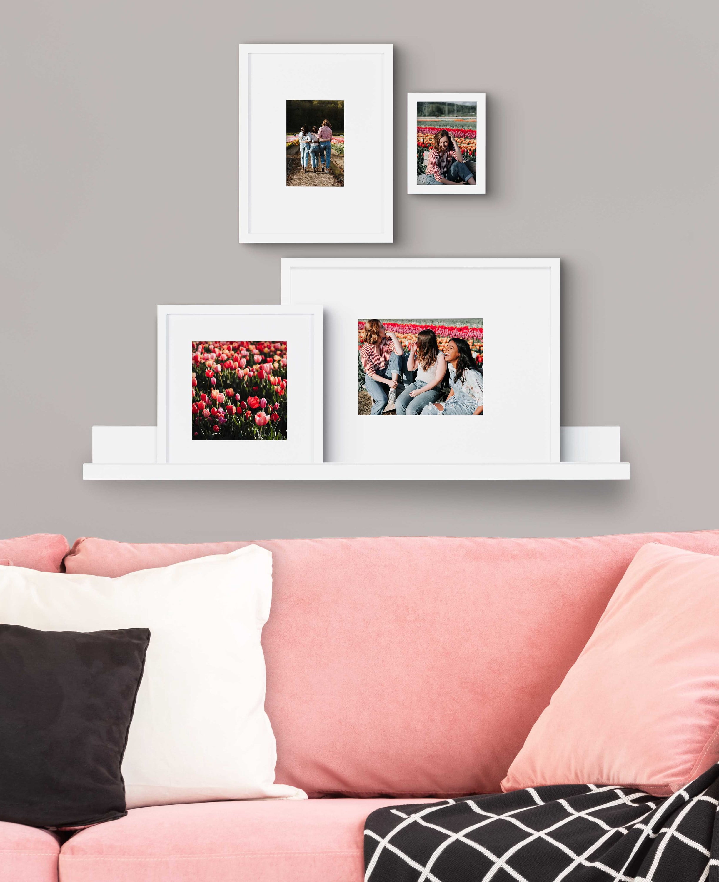 Kate and Laurel Gallery Transitional Frame and Shelf Set, Set of 5, White, Sophisticated Wooden Picture Frames With Multiple Sizes Included