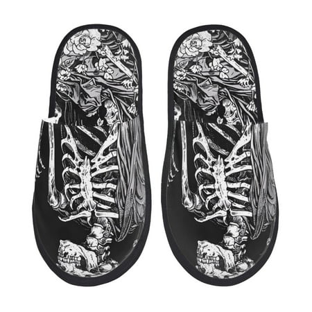 Balery Gothic Skull Floral Art Slient Indoor Furry Fleece Comfort House Shoes Soft Non-Slip Home Shoes Cotton slippers House Slippers-- Medium