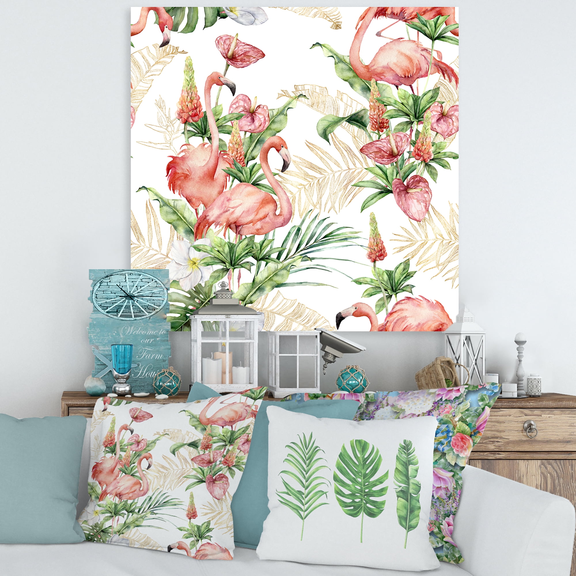 Designart ' Tropical Flowers & Gold Leaves With Pink Flamingos ' Traditional Canvas Wall Art Print