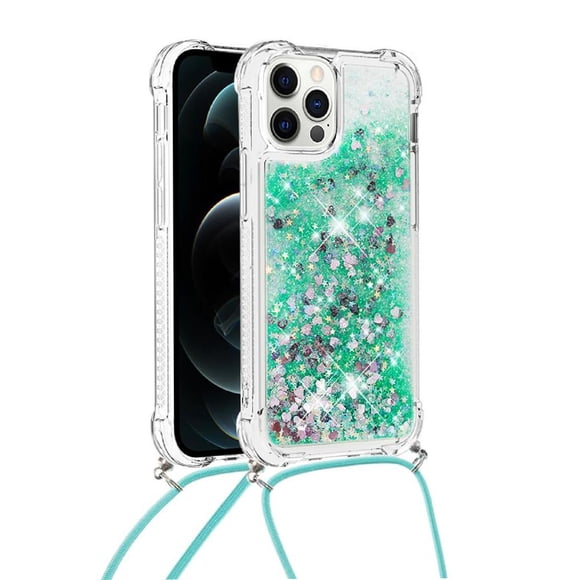 Funda FOXDOCK para iPhone 12 Pro con Cuerda Ajustable, Brillo Líquido, Protección Antigolpes y Lente – Ideal para Regalo