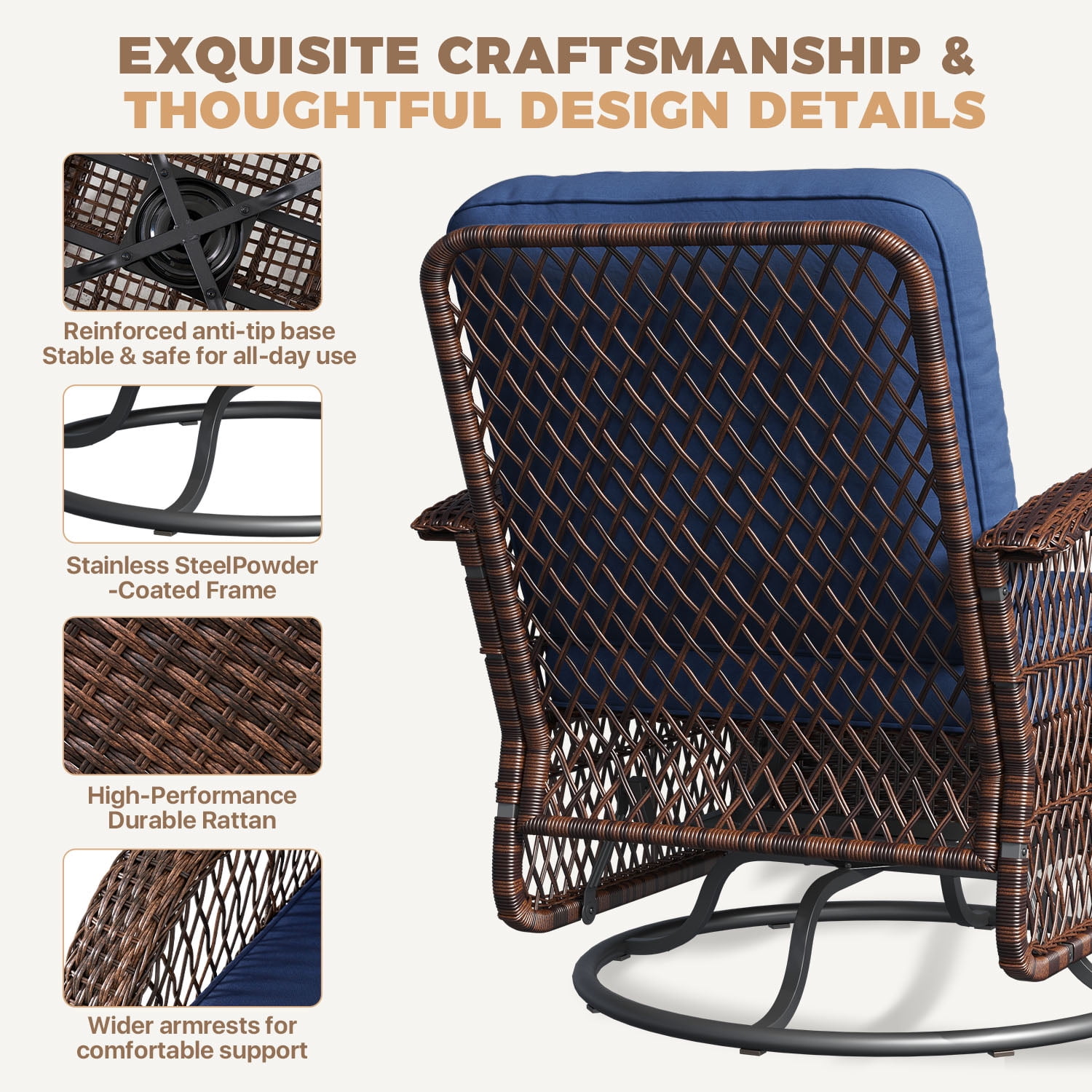BaPiPro Navy Blue 6-Piece Outdoor Swivel Rocker Wicker Conversation Set – Weatherproof Rattan Patio Furniture with 4 Armchairs, Cushions & Tempered Glass Side Tables for Deck, Backyard, Porch
