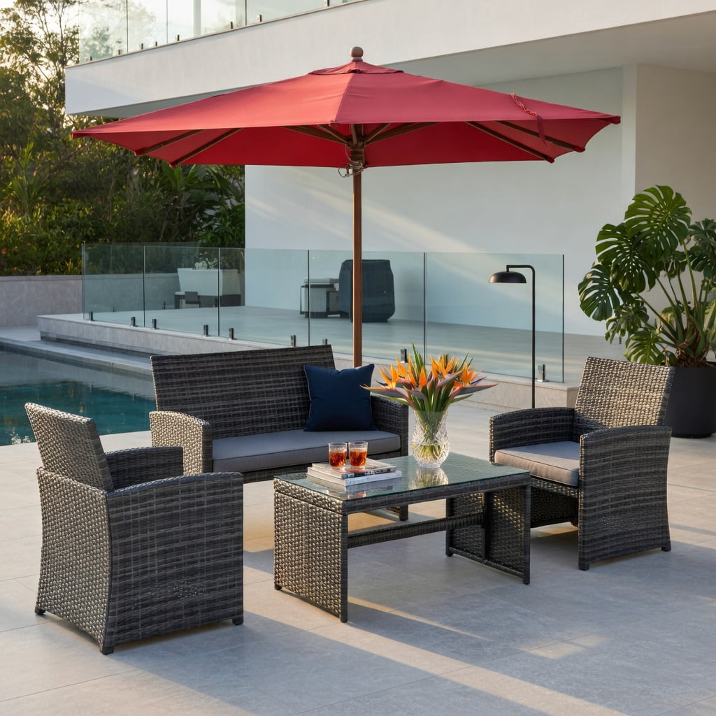 Hommoo 4-Piece Outdoor Rattan Patio Furniture Set, PE Wicker Loveseat, 2 Single Chairs & Tempered Glass Coffee Table for Backyard, Balcony, Garden, Gray
