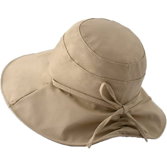 CoCopeaunts Bucket Hat Women Summer Drawstring UV Protection Big Brim Solid Color Fisherman Hat with Chin Strap Bow Beach Cap