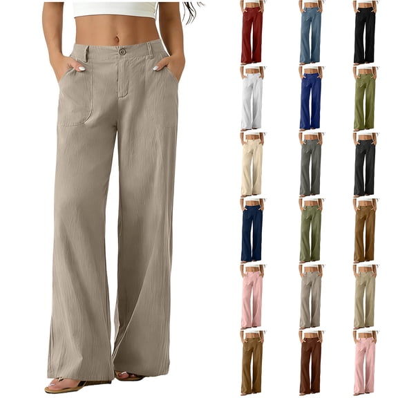 Zpzdpjkx Women's Solid Color High Waist Wide Leg Pants Elastic Waist Cotton Linen Look Casual Trousers with Pockets Khaki 2XL