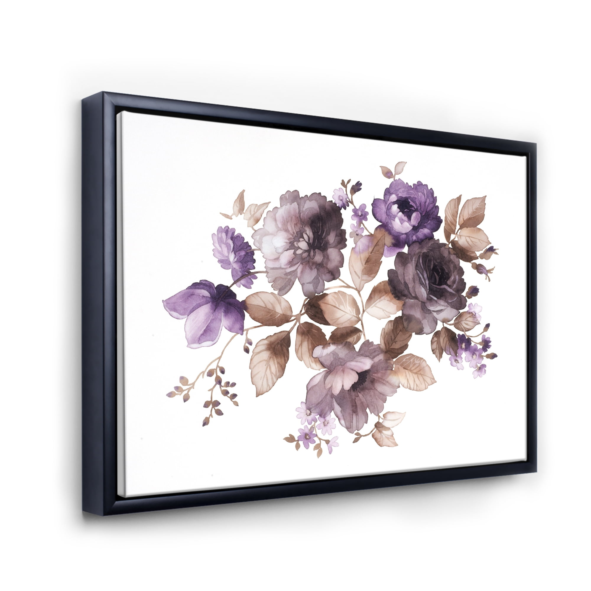 Designart 'Purple Retro Flowers With Brown Leaves On White' Traditional Framed Canvas Wall Art Print