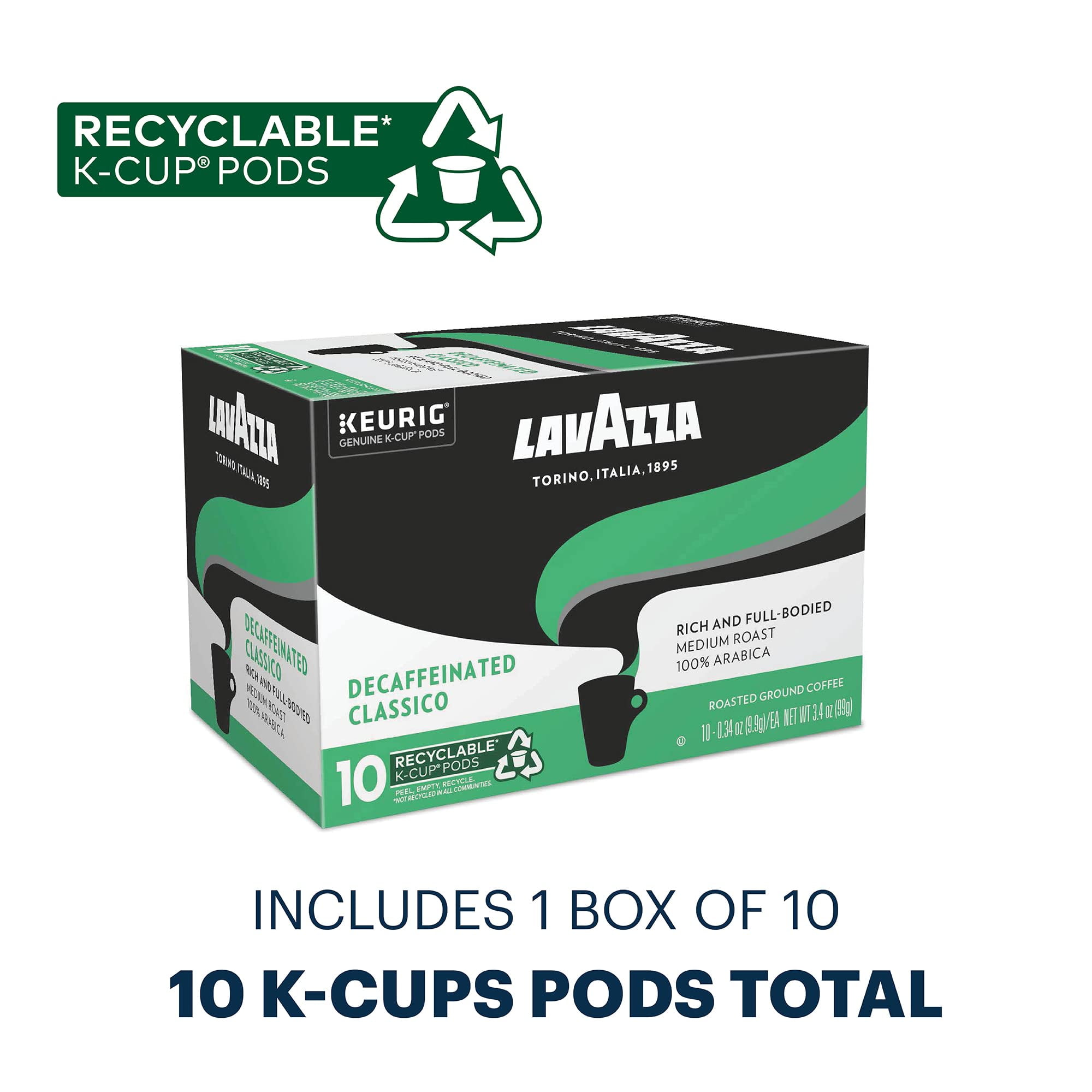 Lavazza Classico Decaf Single-Serve Coffee K-Cups for Keurig Brewer, Medium Roast, 10 Count Box ,Rich and full-bodied flavor delivers a uniquely intense aroma of dried fruits, 100%