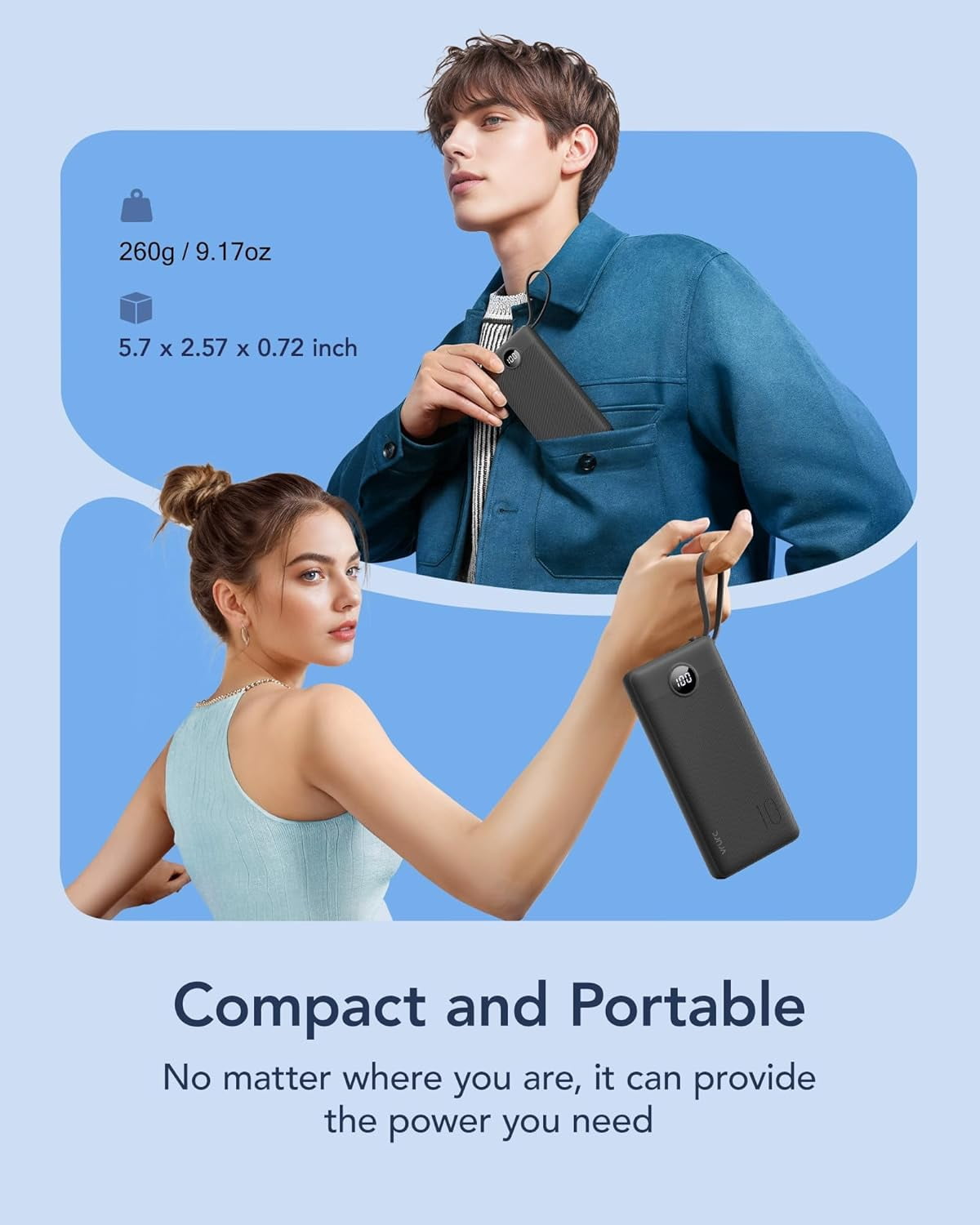 Portable Charger with Built in Cables, Slim Power Bank 10000mAh, USB C Travel Battery Pack, 5 Output 2 Input External Charging for iPhone 17 16 15 14 13,,Android-(1 Pack)