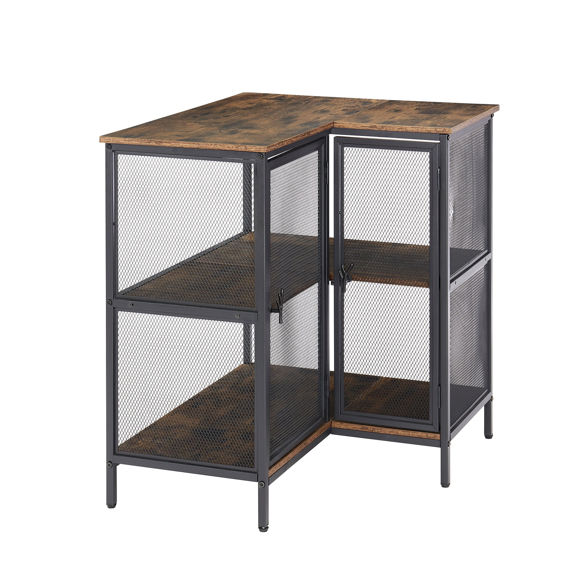 VECELO 3-Tier Corner Cabinet with Doors and Storage Shelves, L-shaped Free-Standing End Table, for Small Space Living Room Home Office Kitchen, Brown