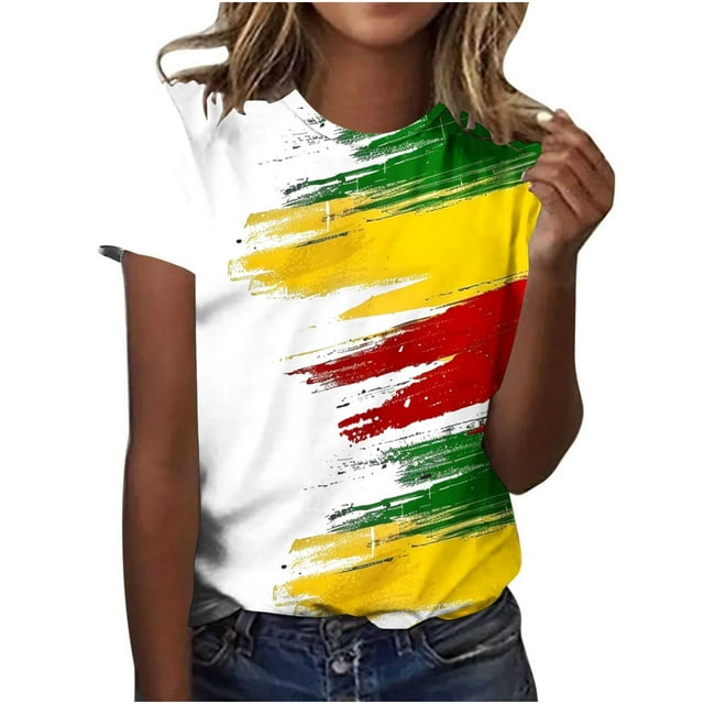 Loose Fit Tops for Women Casual Pullover Printed Short Sleeved Round Neck Top, Polyester